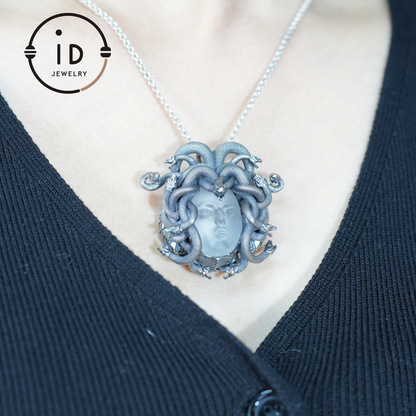Medusa Pendant | Handmade 925 Silver & White Crystal | Mythical Statement Jewelry