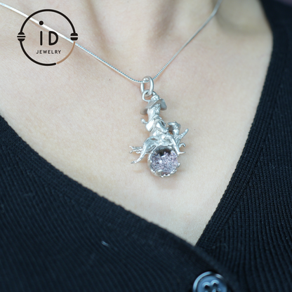 925 Silver Witch Riding Cat Pendant with phantom quartz – Unique Fantasy Jewelry for Collectors & Fans