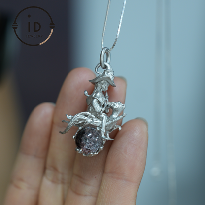925 Silver Witch Riding Cat Pendant with phantom quartz – Unique Fantasy Jewelry for Collectors & Fans