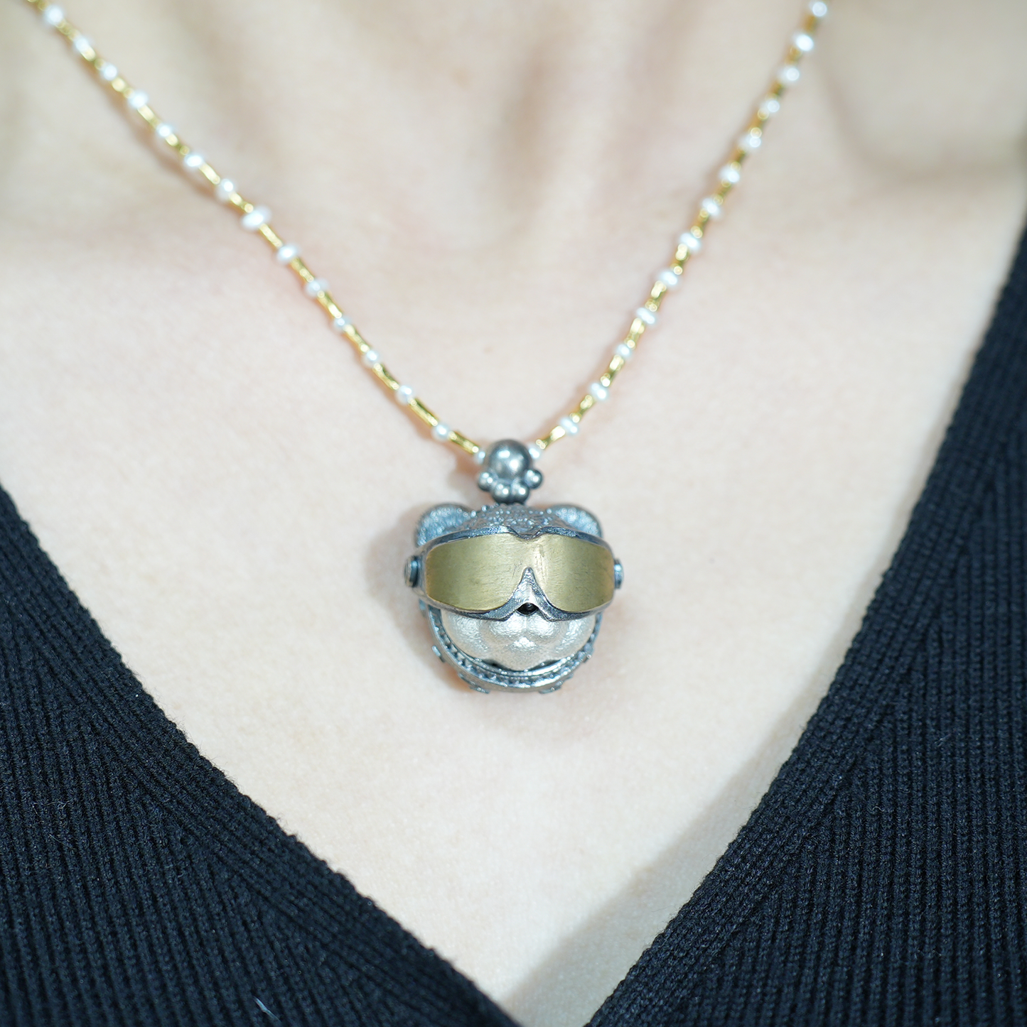 Armored Adventure Panda Pendant · 925 Silver + Brass + Onyx · Movable Sunglasses Design · Whimsical Guardian Totem