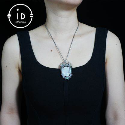 Handmade 925 Silver Victorian Cameo Necklace | Baroque Pendant with Two Parrots | Girl Relief in Rock Crystal | Vintage Craft