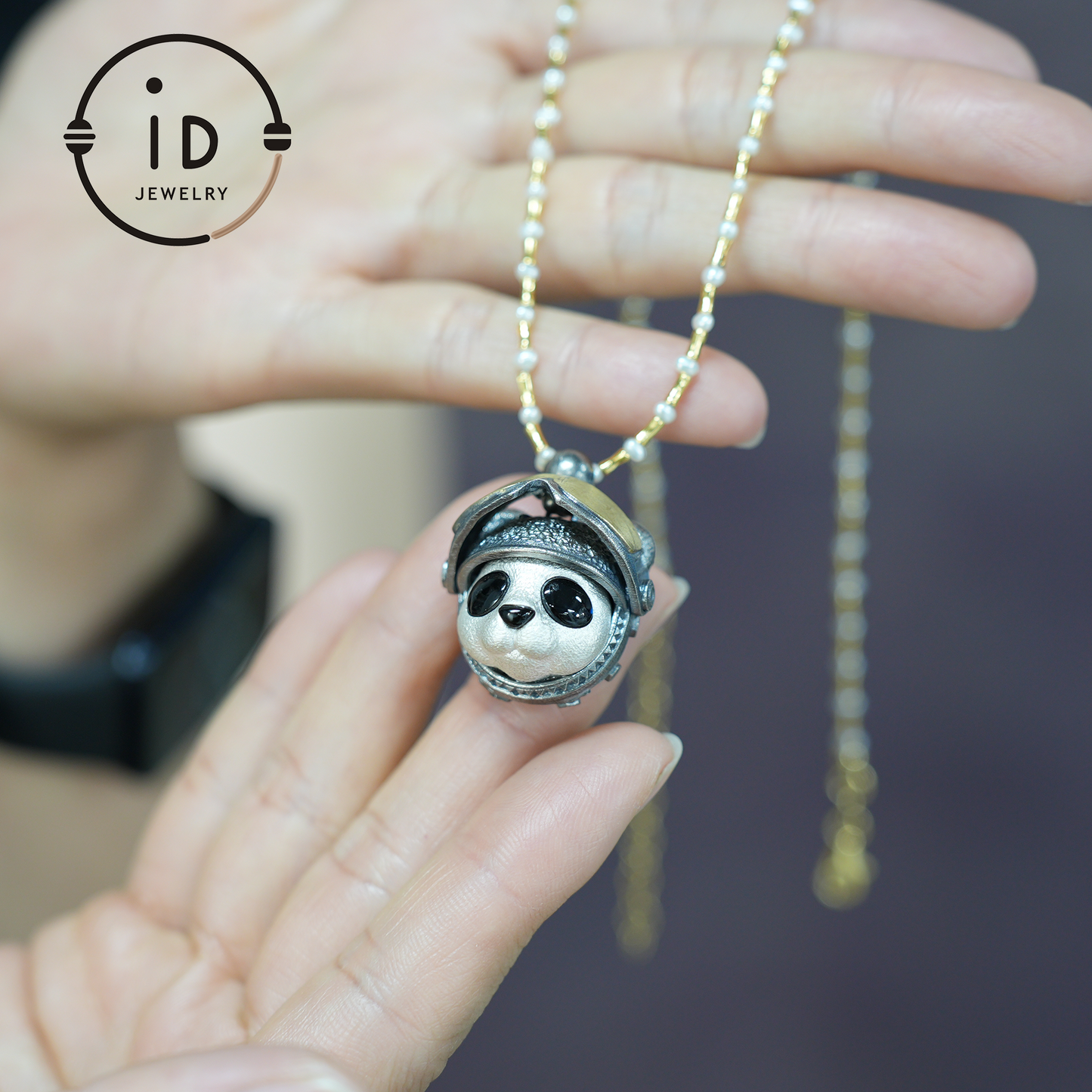 Armored Adventure Panda Pendant · 925 Silver + Brass + Onyx · Movable Sunglasses Design · Whimsical Guardian Totem
