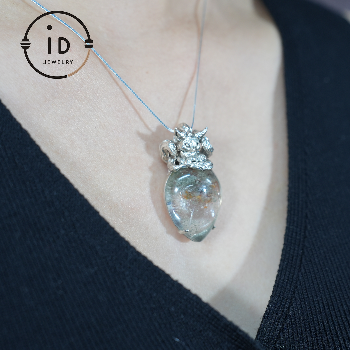 Fox Spirit Crystal Pendant, Handcrafted 925 Sterling Silver Jewelry with phantom quartz, Unique Fantasy Pendant, Perfect Gift for Special Occasions