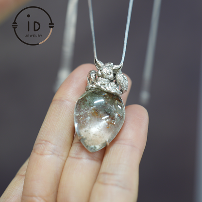 Fox Spirit Crystal Pendant, Handcrafted 925 Sterling Silver Jewelry with phantom quartz, Unique Fantasy Pendant, Perfect Gift for Special Occasions