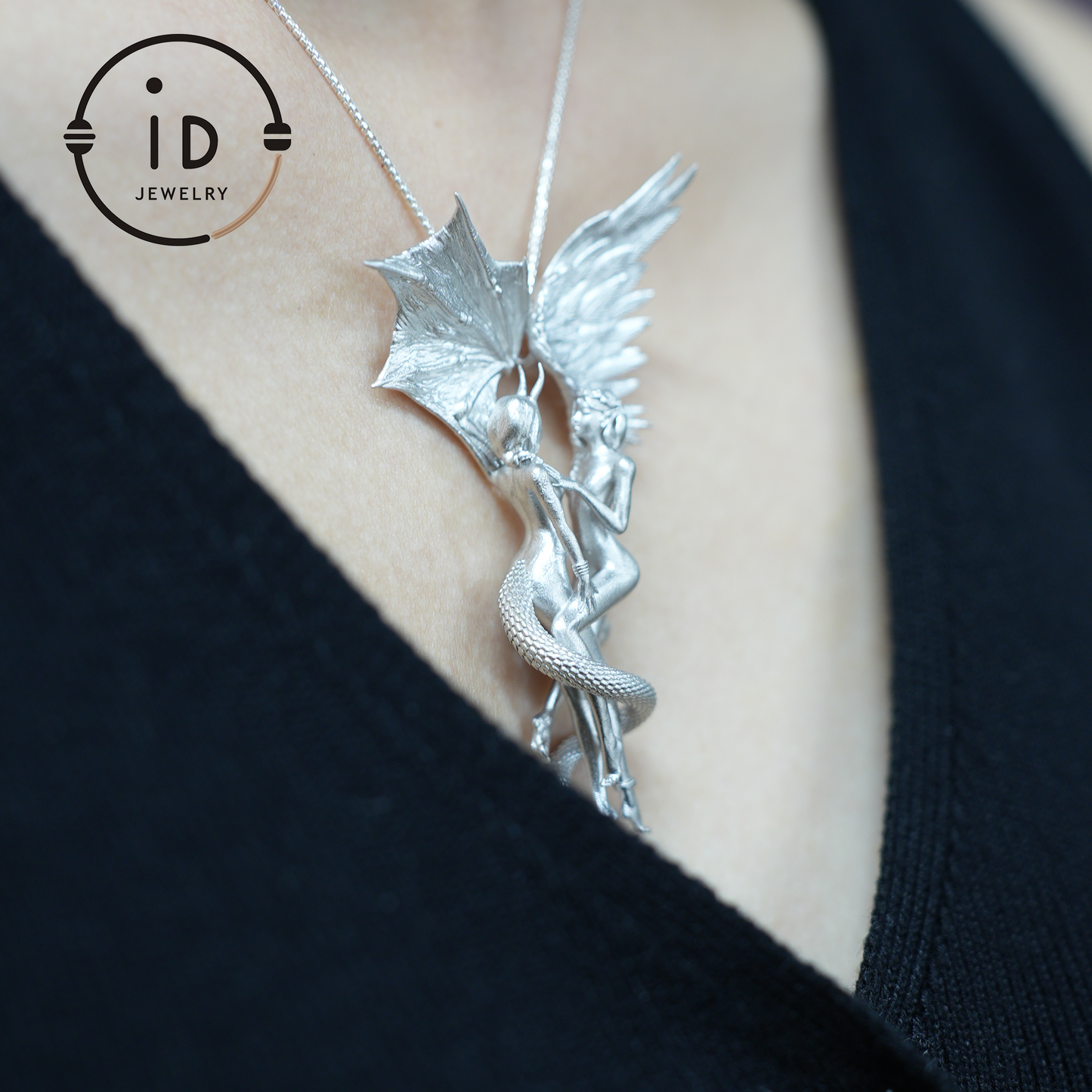 925 Sterling Silver Gemini Pendant – Zodiac Jewelry with Angel Wings and Snake Design