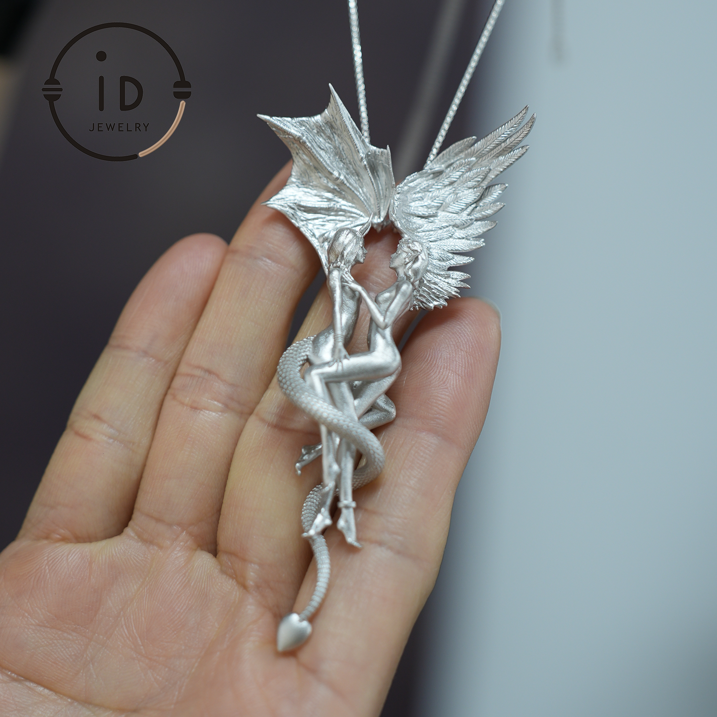 925 Sterling Silver Gemini Pendant – Zodiac Jewelry with Angel Wings and Snake Design