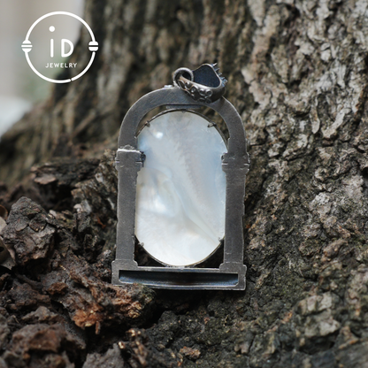 Hand Carved Shell Cameo Pendant in Oxidized 925 Silver, Vintage Style Relief Necklace with Female Figure, Spiritual Gift for Her
