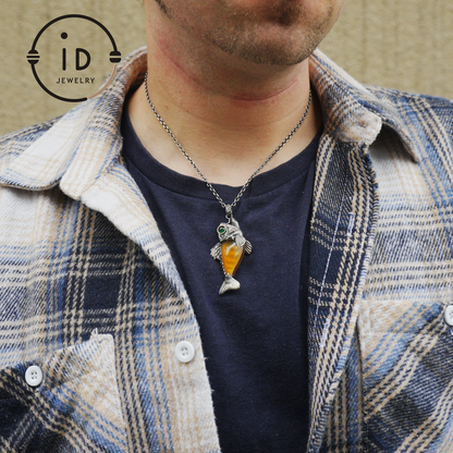 Silver Fish Pendant with Carnelian, Gothic Fantasy Necklace in Sterling Silver, Handmade Animal Jewelry Gift for Her or Him, Birthday