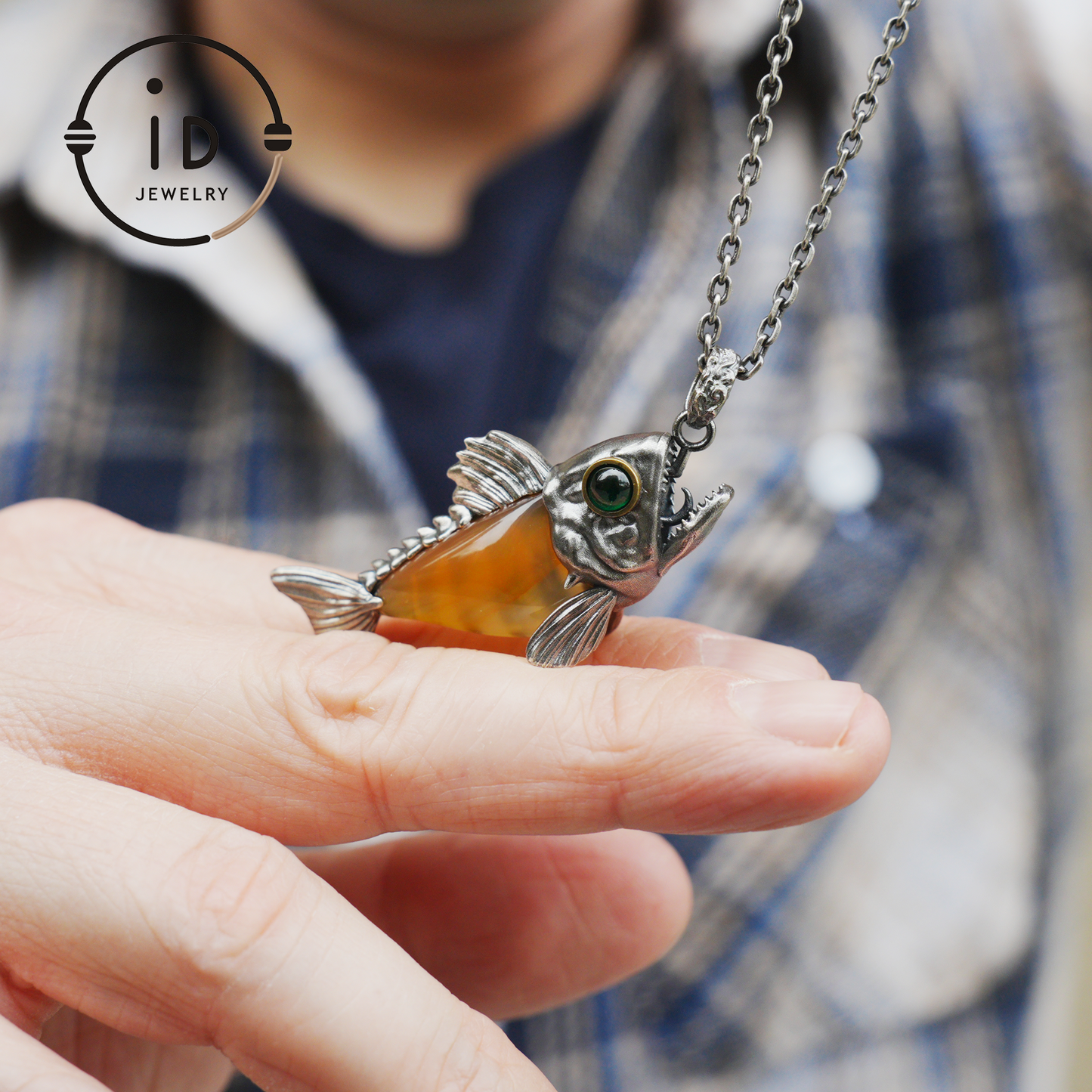 Silver Fish Pendant with Carnelian, Gothic Fantasy Necklace in Sterling Silver, Handmade Animal Jewelry Gift for Her or Him, Birthday