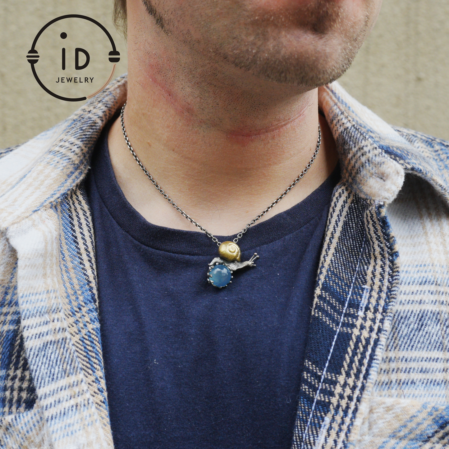 Aquamarine pendant in silver and bronze with snail design, handmade fantasy nature jewelry, animal necklace gift for her or him