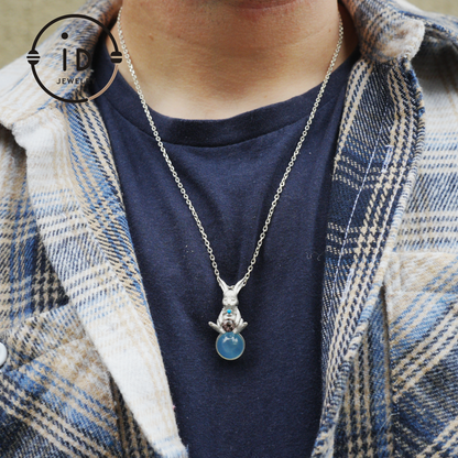 Moon Rabbit Pendant with Red Agate & Ghost Stone | Spring Totem Talisman Jewelry | Fantasy Handmade Forest Bunny Necklace