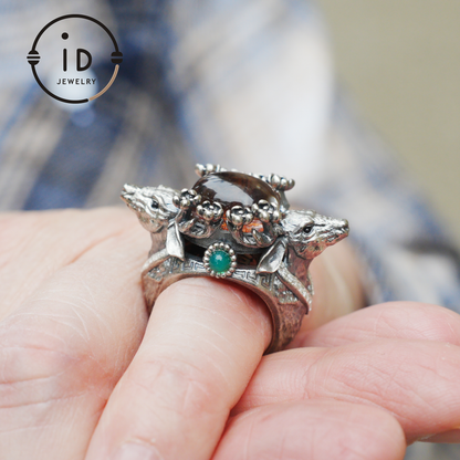 Silver Stag Head Ring with Phantom Quartz, Green Chalcedony & Onyx, Gothic Statement Jewelry, Unisex Gift for Him or Her