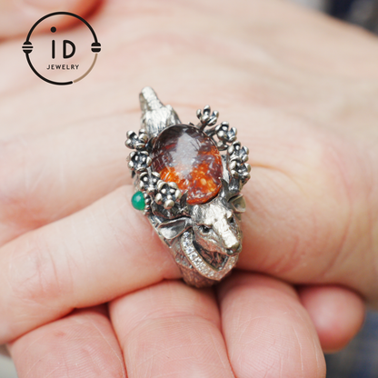 Silver Stag Head Ring with Phantom Quartz, Green Chalcedony & Onyx, Gothic Statement Jewelry, Unisex Gift for Him or Her