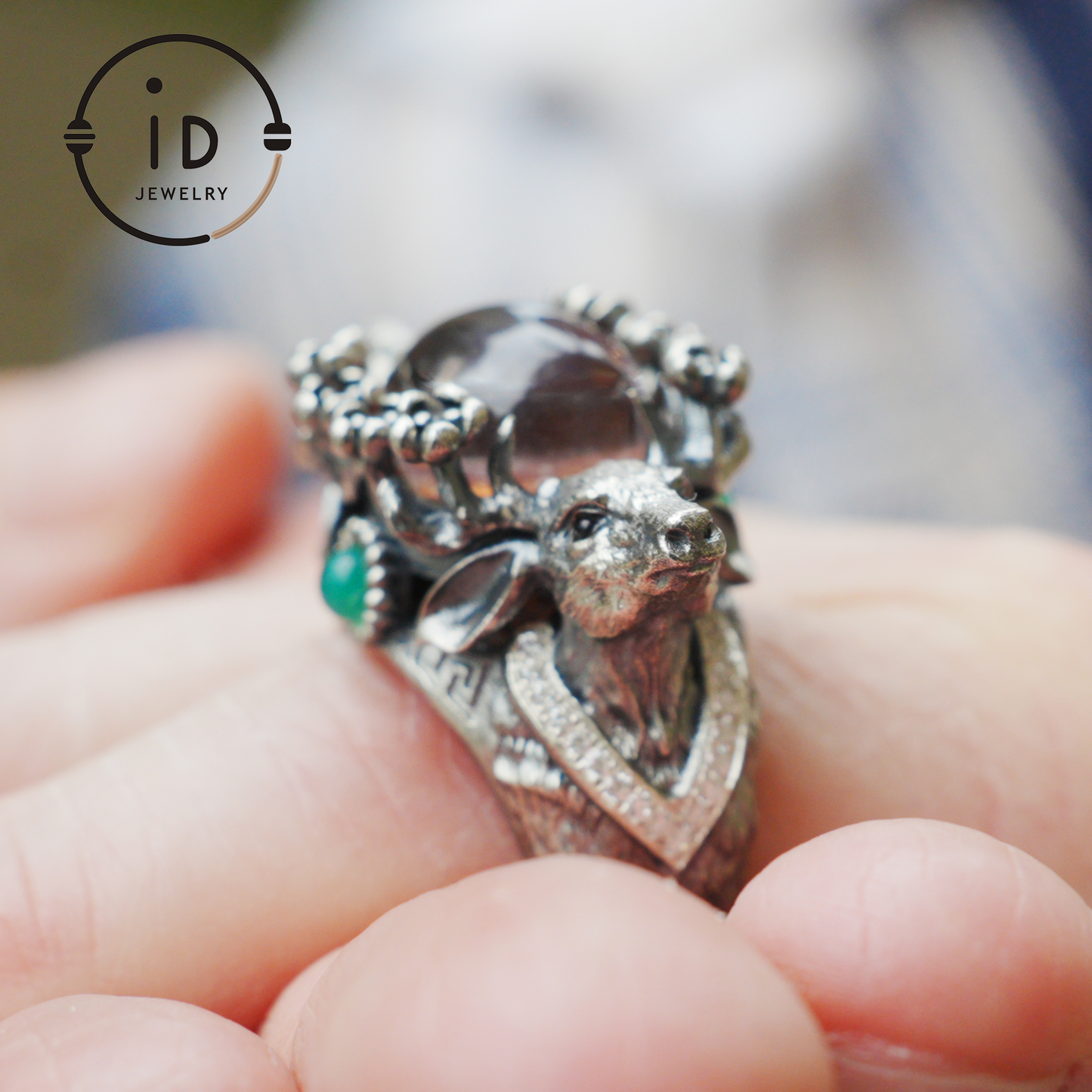 Silver Stag Head Ring with Phantom Quartz, Green Chalcedony & Onyx, Gothic Statement Jewelry, Unisex Gift for Him or Her
