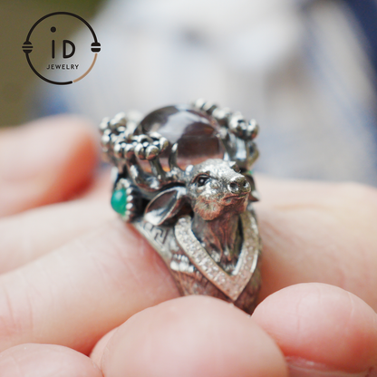 Silver Stag Head Ring with Phantom Quartz, Green Chalcedony & Onyx, Gothic Statement Jewelry, Unisex Gift for Him or Her