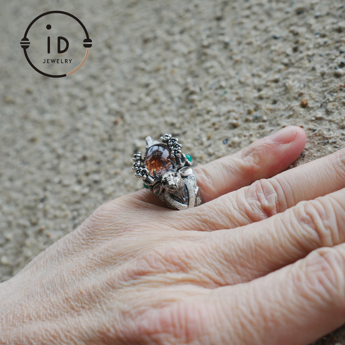 Silver Stag Head Ring with Phantom Quartz, Green Chalcedony & Onyx, Gothic Statement Jewelry, Unisex Gift for Him or Her