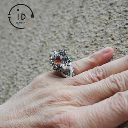Silver Stag Head Ring with Phantom Quartz, Green Chalcedony & Onyx, Gothic Statement Jewelry, Unisex Gift for Him or Her