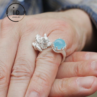 Silver Fox Ring in 925 Silver with Aquamarine Cabochon, Adjustable Statement Ring with Nine-Tailed Fox Design in Naturecore Fairy Style