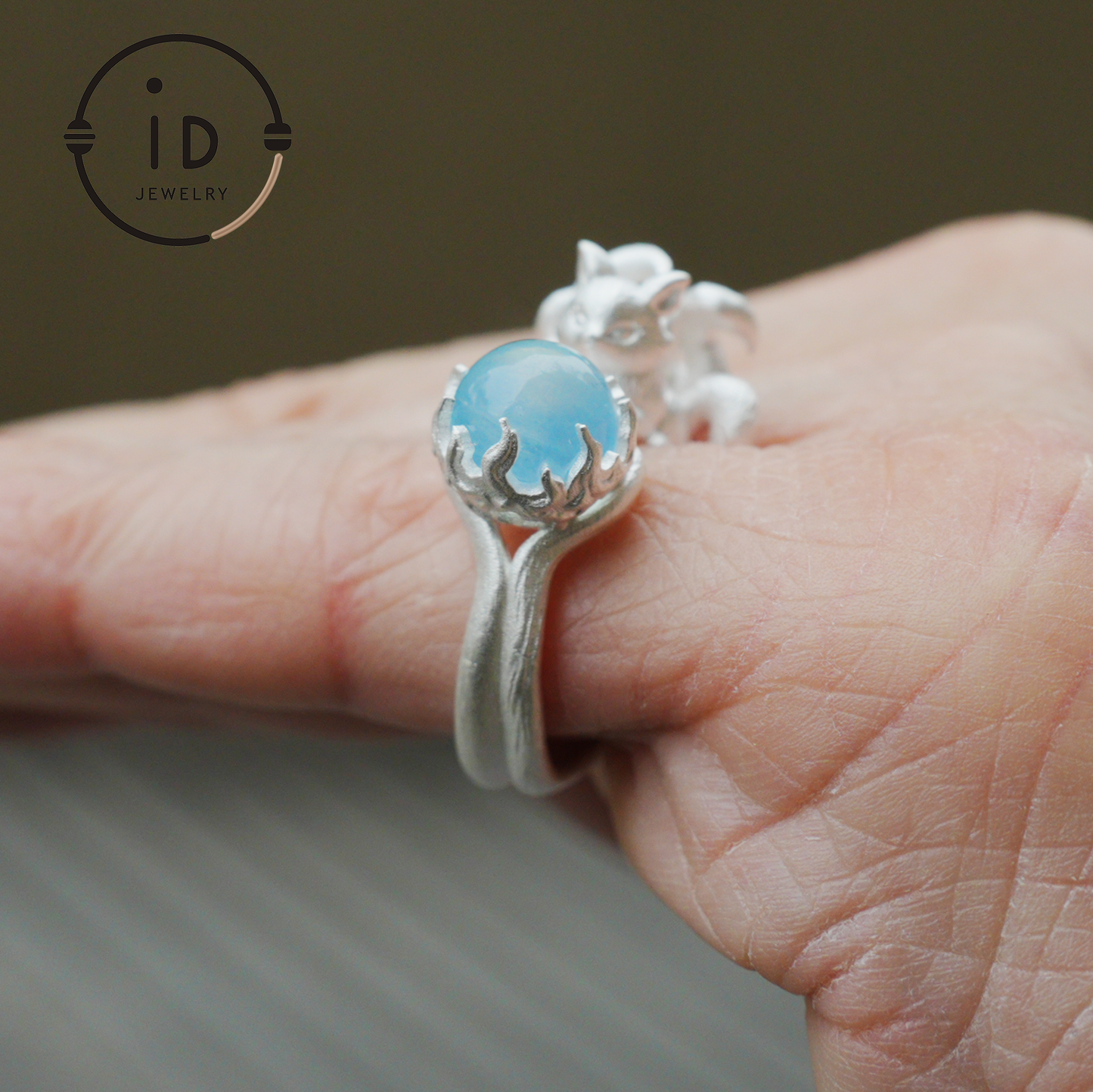 Silver Fox Ring in 925 Silver with Aquamarine Cabochon, Adjustable Statement Ring with Nine-Tailed Fox Design in Naturecore Fairy Style