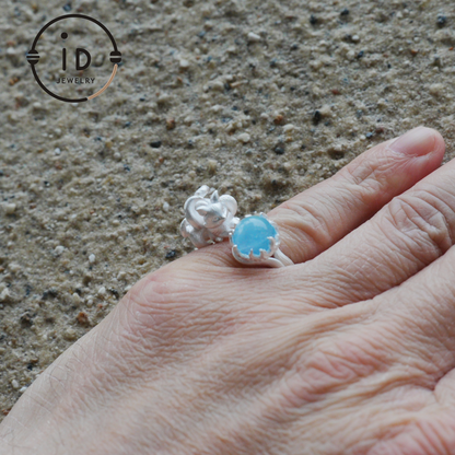 Silver Fox Ring in 925 Silver with Aquamarine Cabochon, Adjustable Statement Ring with Nine-Tailed Fox Design in Naturecore Fairy Style