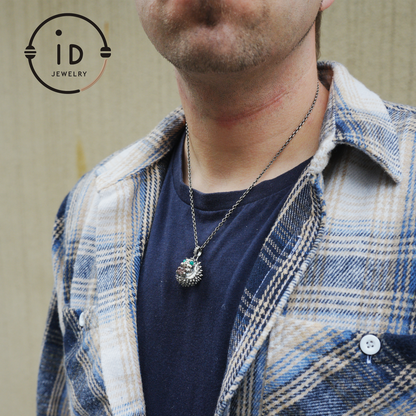 Hedgehog Pendant in 925 Sterling Silver with Phantom Quartz and Green Chalcedony, Oxidized Gothic Vintage Necklace Gift for Him