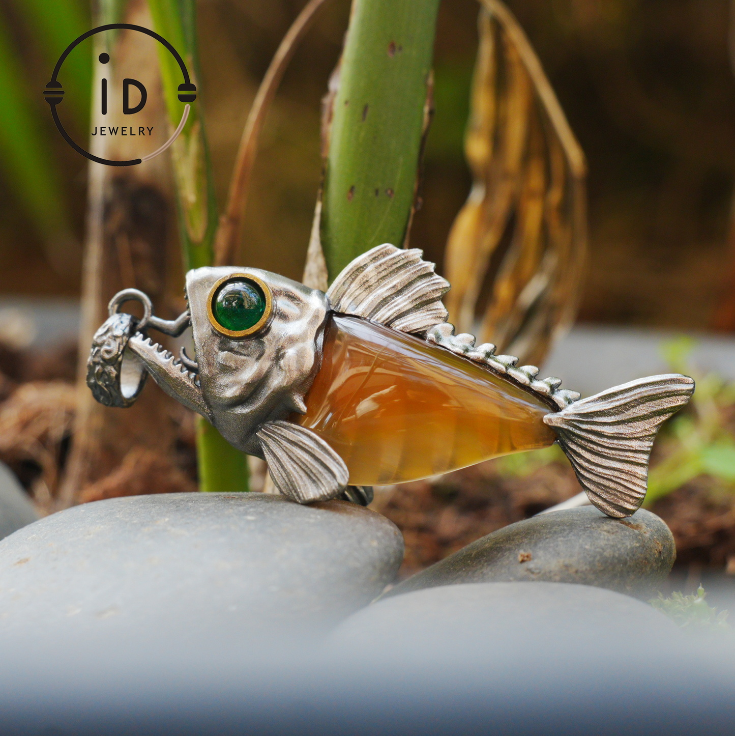 Silver Fish Pendant with Carnelian, Gothic Fantasy Necklace in Sterling Silver, Handmade Animal Jewelry Gift for Her or Him, Birthday