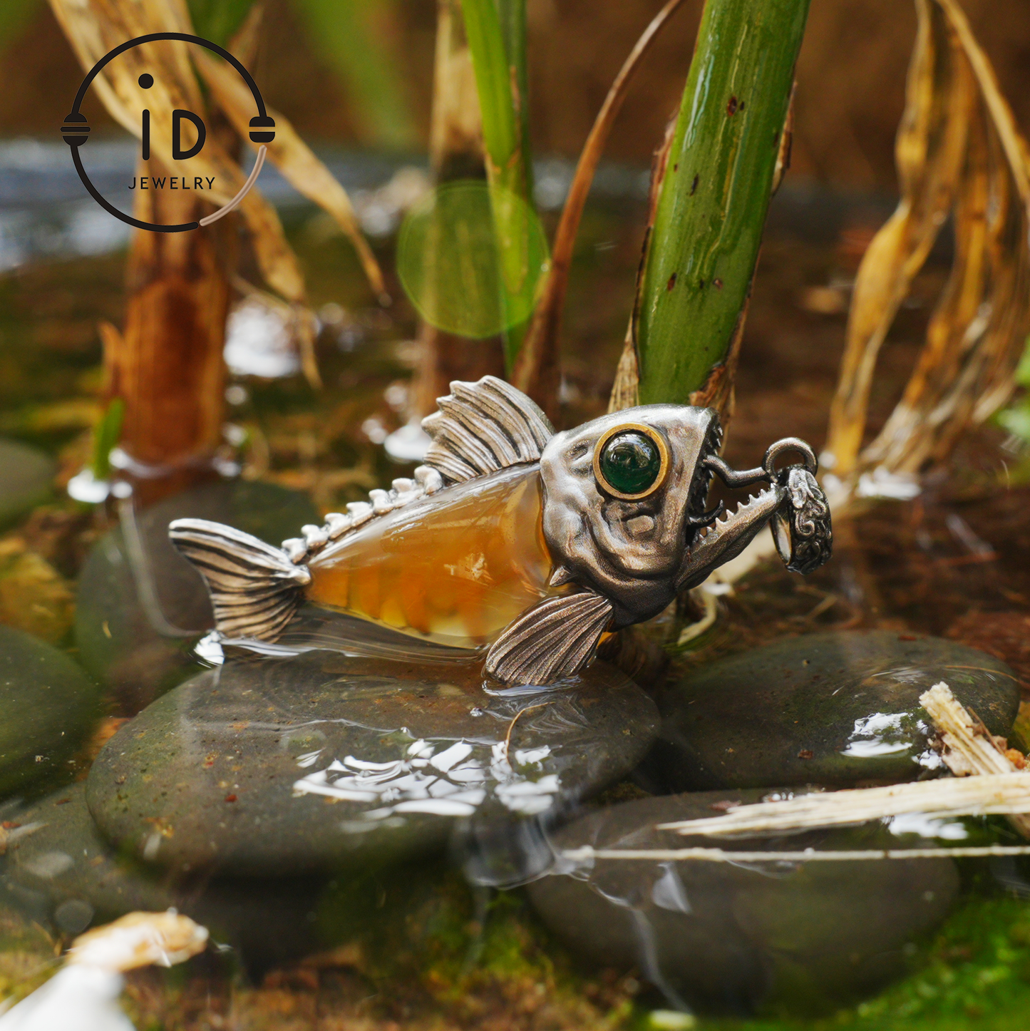 Silver Fish Pendant with Carnelian, Gothic Fantasy Necklace in Sterling Silver, Handmade Animal Jewelry Gift for Her or Him, Birthday