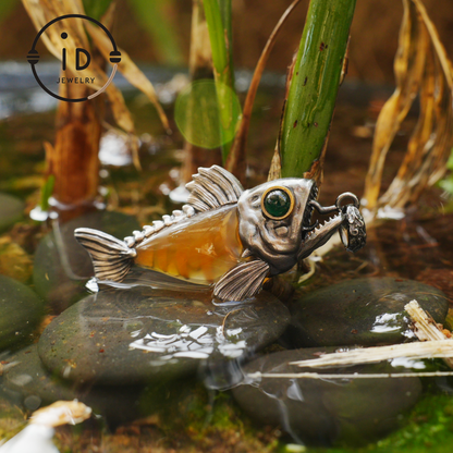 Silver Fish Pendant with Carnelian, Gothic Fantasy Necklace in Sterling Silver, Handmade Animal Jewelry Gift for Her or Him, Birthday