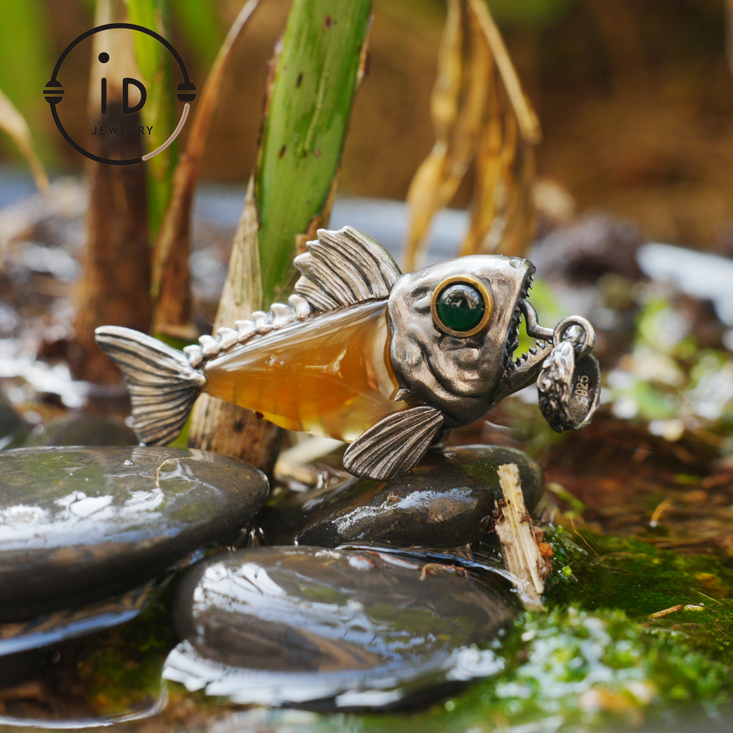 Silver Fish Pendant with Carnelian, Gothic Fantasy Necklace in Sterling Silver, Handmade Animal Jewelry Gift for Her or Him, Birthday