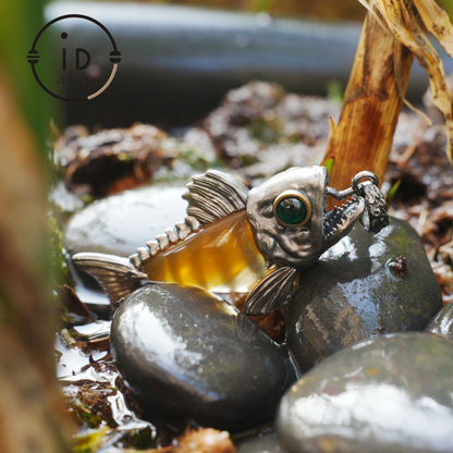 Silver Fish Pendant with Carnelian, Gothic Fantasy Necklace in Sterling Silver, Handmade Animal Jewelry Gift for Her or Him, Birthday