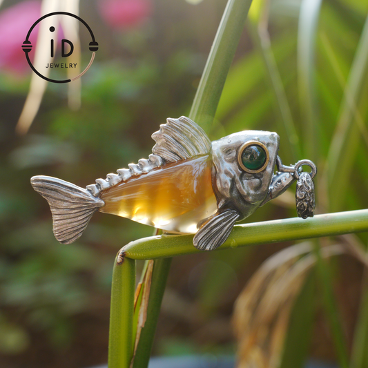 Silver Fish Pendant with Carnelian, Gothic Fantasy Necklace in Sterling Silver, Handmade Animal Jewelry Gift for Her or Him, Birthday