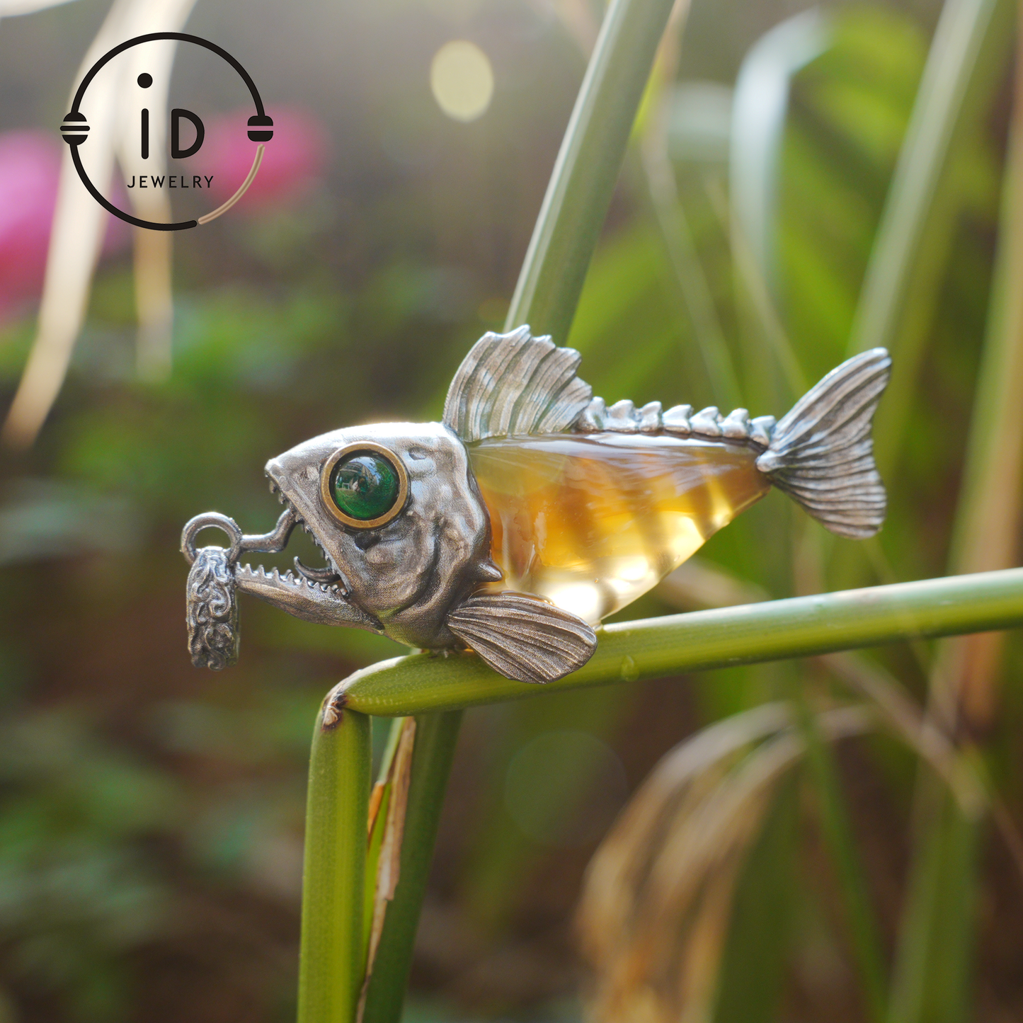 Silver Fish Pendant with Carnelian, Gothic Fantasy Necklace in Sterling Silver, Handmade Animal Jewelry Gift for Her or Him, Birthday