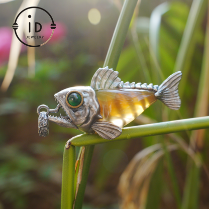 Silver Fish Pendant with Carnelian, Gothic Fantasy Necklace in Sterling Silver, Handmade Animal Jewelry Gift for Her or Him, Birthday