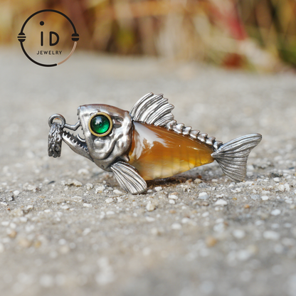 Silver Fish Pendant with Carnelian, Gothic Fantasy Necklace in Sterling Silver, Handmade Animal Jewelry Gift for Her or Him, Birthday