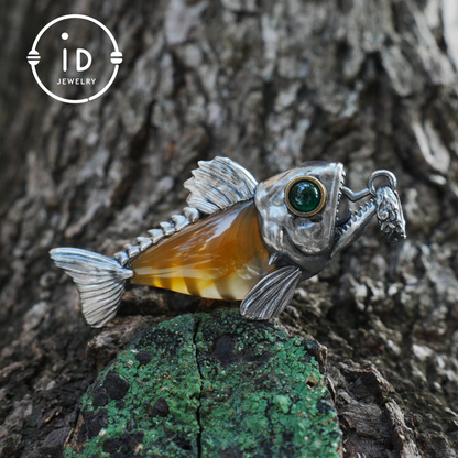 Silver Fish Pendant with Carnelian, Gothic Fantasy Necklace in Sterling Silver, Handmade Animal Jewelry Gift for Her or Him, Birthday