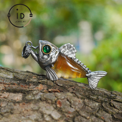 Silver Fish Pendant with Carnelian, Gothic Fantasy Necklace in Sterling Silver, Handmade Animal Jewelry Gift for Her or Him, Birthday
