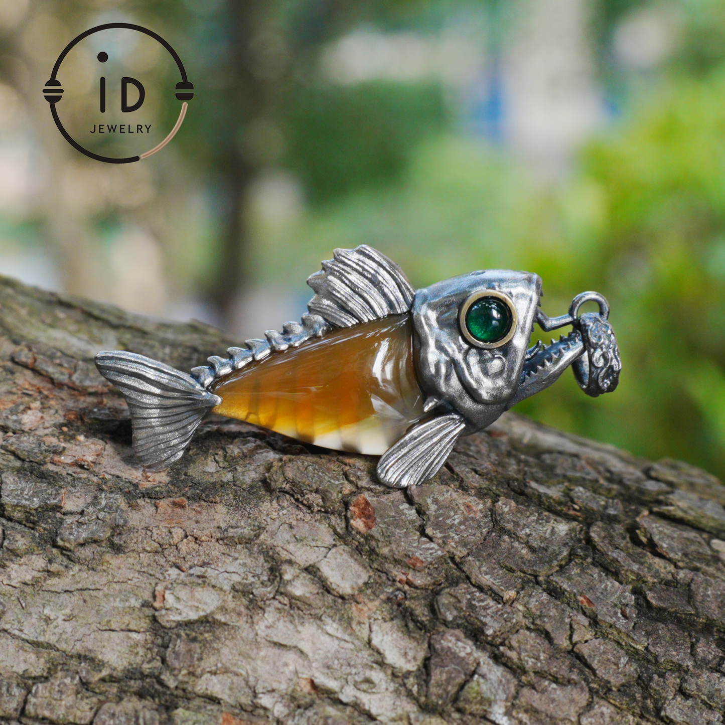 Silver Fish Pendant with Carnelian, Gothic Fantasy Necklace in Sterling Silver, Handmade Animal Jewelry Gift for Her or Him, Birthday