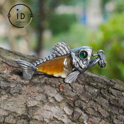 Silver Fish Pendant with Carnelian, Gothic Fantasy Necklace in Sterling Silver, Handmade Animal Jewelry Gift for Her or Him, Birthday