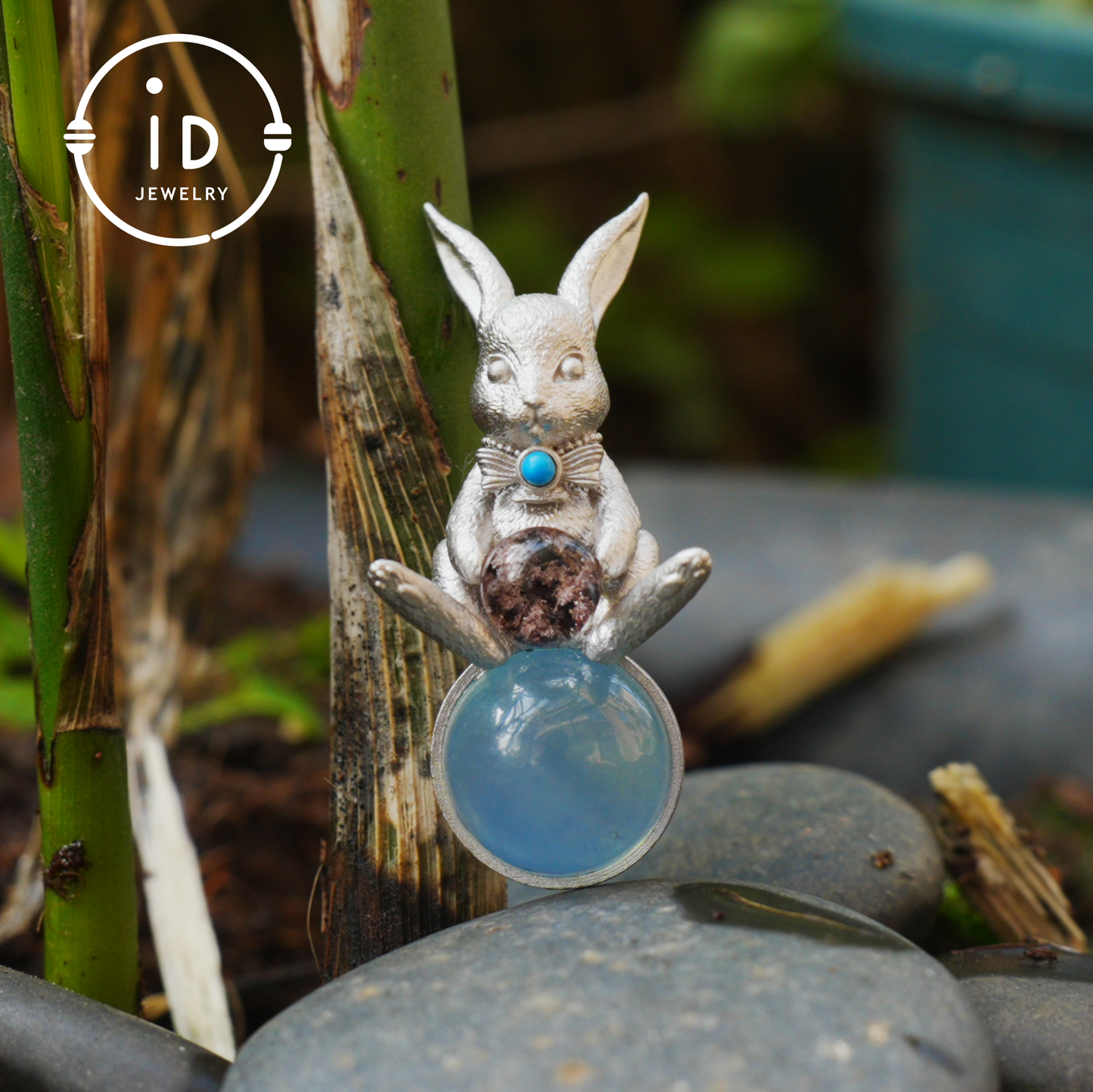 Moon Rabbit Pendant with Red Agate & Ghost Stone | Spring Totem Talisman Jewelry | Fantasy Handmade Forest Bunny Necklace