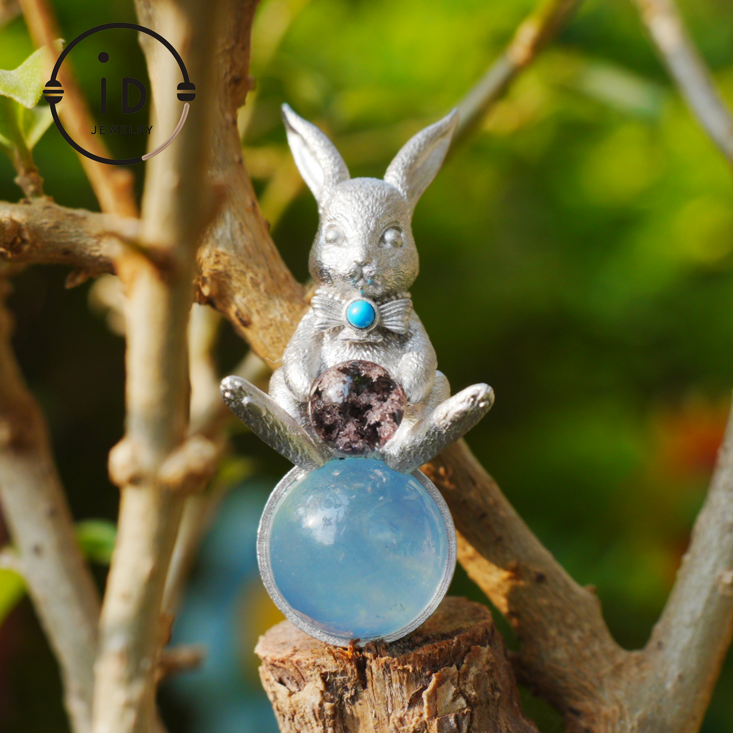 Moon Rabbit Pendant with Red Agate & Ghost Stone | Spring Totem Talisman Jewelry | Fantasy Handmade Forest Bunny Necklace