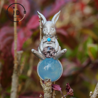 Moon Rabbit Pendant with Red Agate & Ghost Stone | Spring Totem Talisman Jewelry | Fantasy Handmade Forest Bunny Necklace