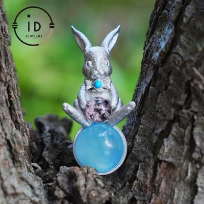 Moon Rabbit Pendant with Red Agate & Ghost Stone | Spring Totem Talisman Jewelry | Fantasy Handmade Forest Bunny Necklace