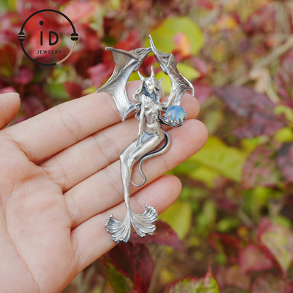 Silver Pendant with Ocean Blue Stone, Gothic Capricorn Necklace, Fantasy Jewelry for Women, Unique Gift Birthday Astrology