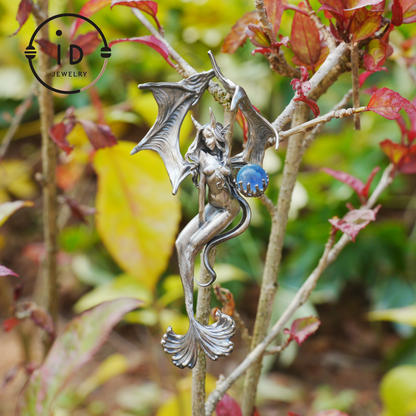 Silver Pendant with Ocean Blue Stone, Gothic Capricorn Necklace, Fantasy Jewelry for Women, Unique Gift Birthday Astrology