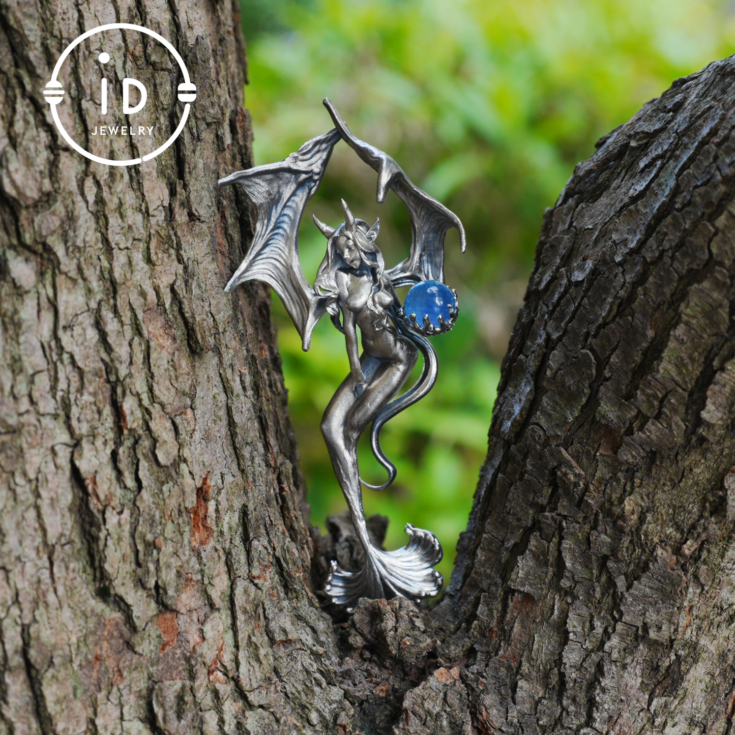 Silver Pendant with Ocean Blue Stone, Gothic Capricorn Necklace, Fantasy Jewelry for Women, Unique Gift Birthday Astrology