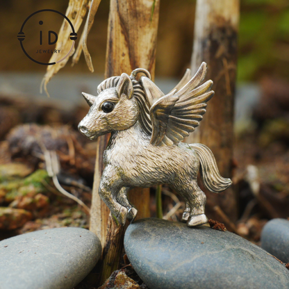 925 Silver Unicorn Pendant with Onyx Eyes, Pegasus Gothic Necklace Handmade Fantasy Jewelry, Gift for Women Birthday or Christmas