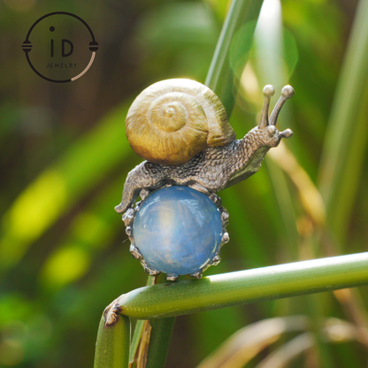 Aquamarine pendant in silver and bronze with snail design, handmade fantasy nature jewelry, animal necklace gift for her or him