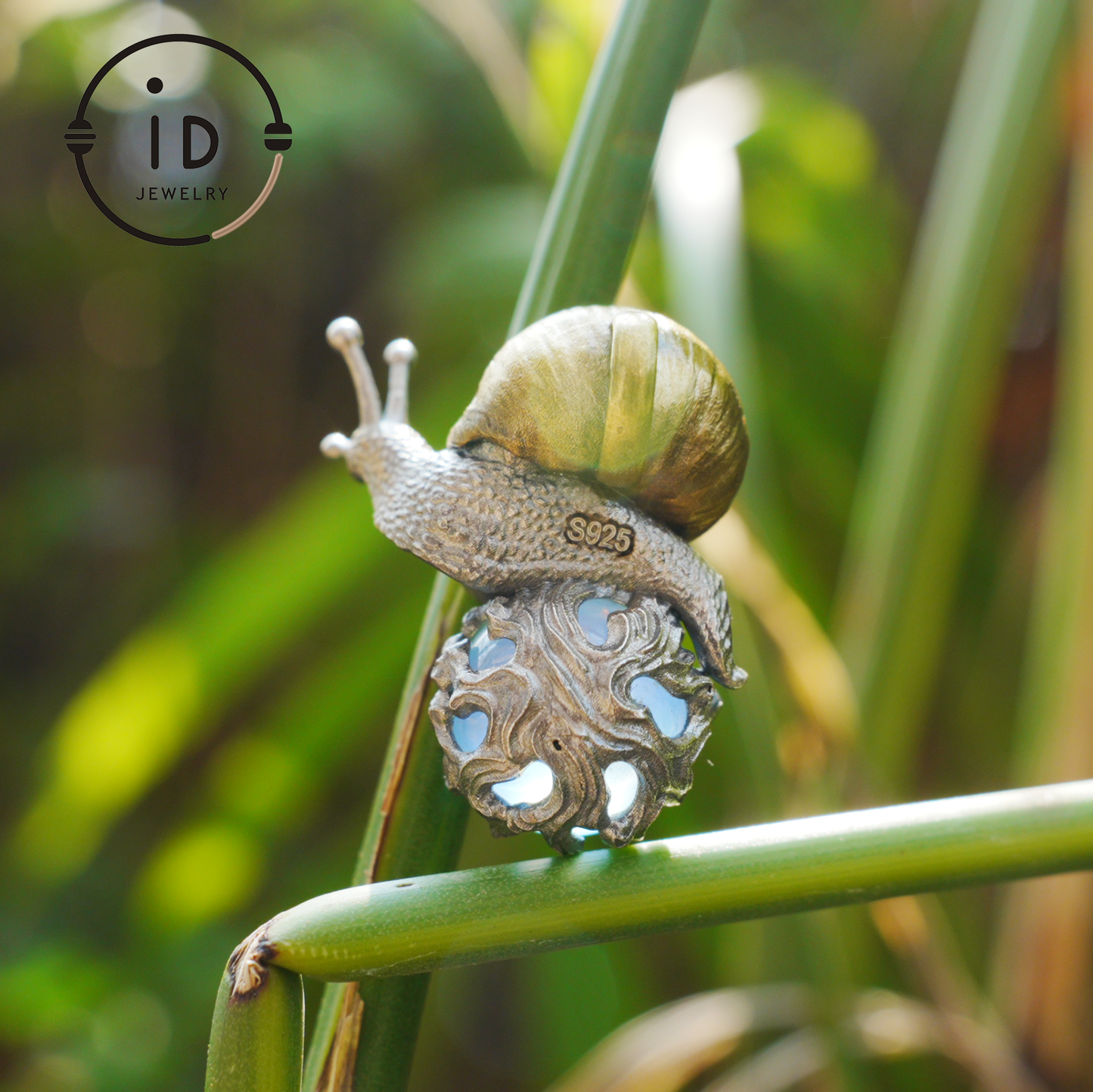 Aquamarine pendant in silver and bronze with snail design, handmade fantasy nature jewelry, animal necklace gift for her or him