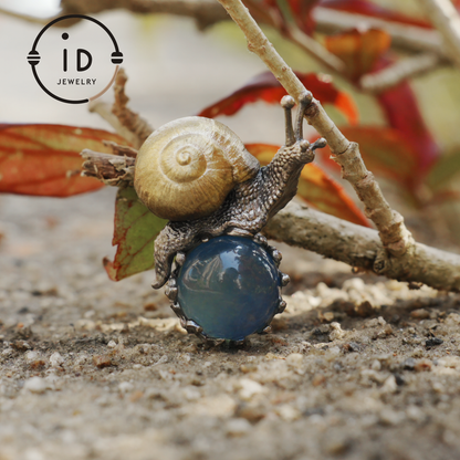 Aquamarine pendant in silver and bronze with snail design, handmade fantasy nature jewelry, animal necklace gift for her or him
