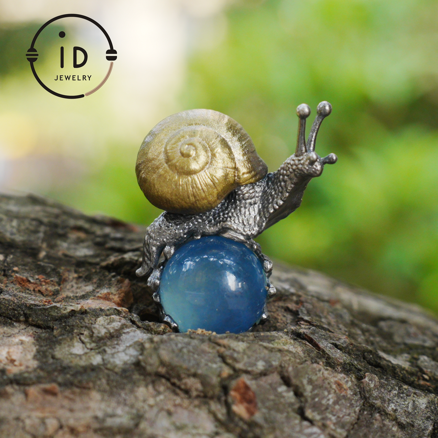 Aquamarine pendant in silver and bronze with snail design, handmade fantasy nature jewelry, animal necklace gift for her or him